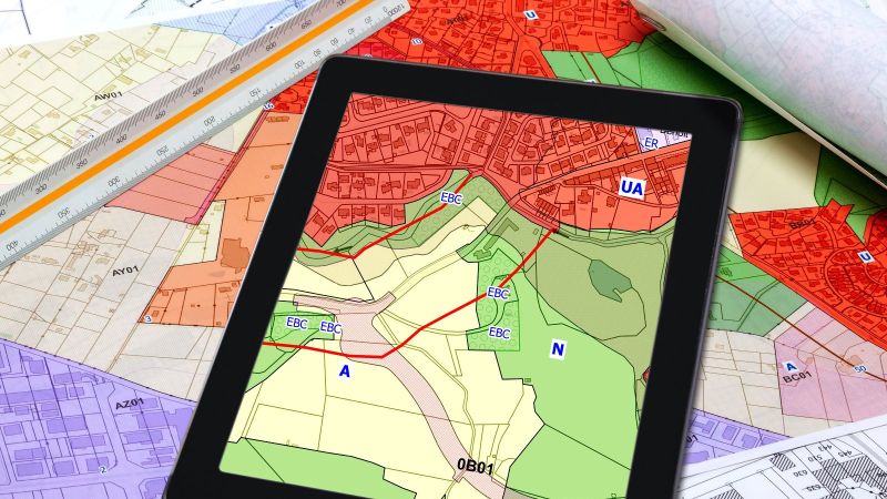 Ein Tablet-PC liegt zusammen mit einem Lineal auf einem Flächennutzungsplan