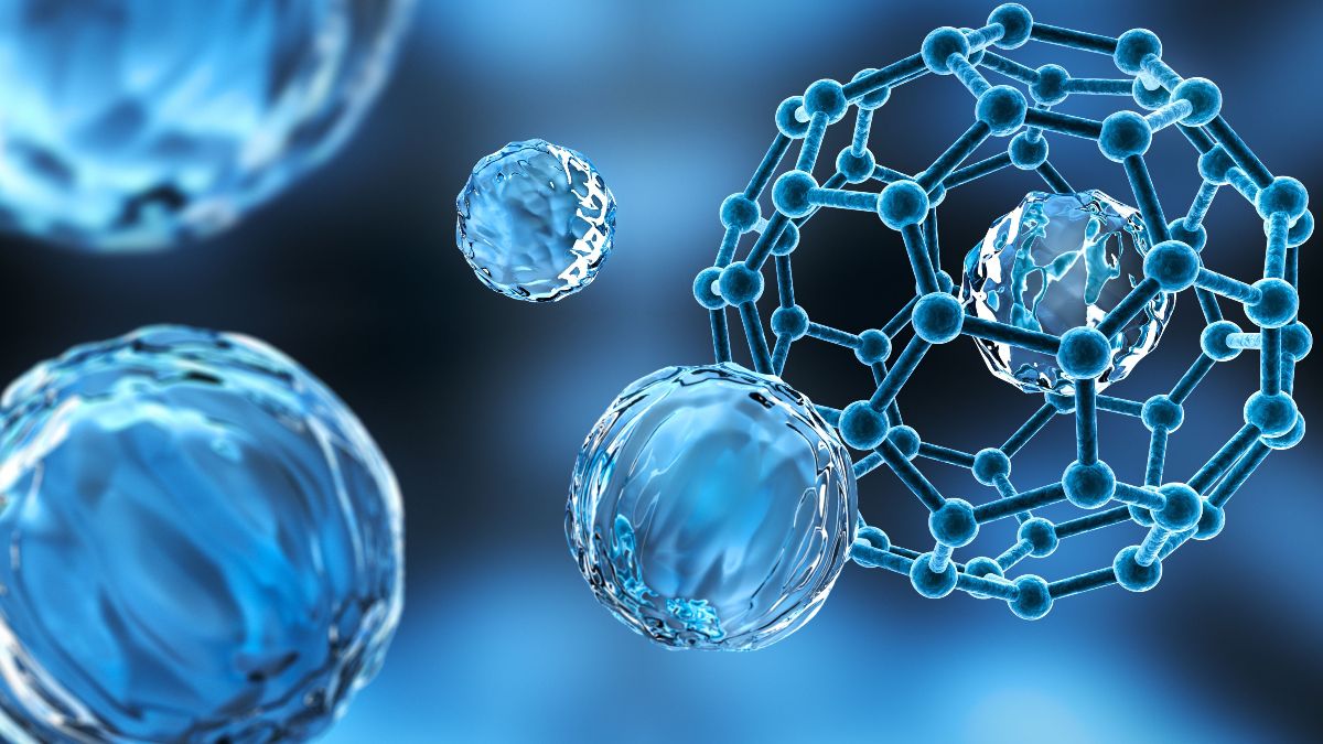 Grafik mit mehren blau gehaltenden Molekülen schweben umher